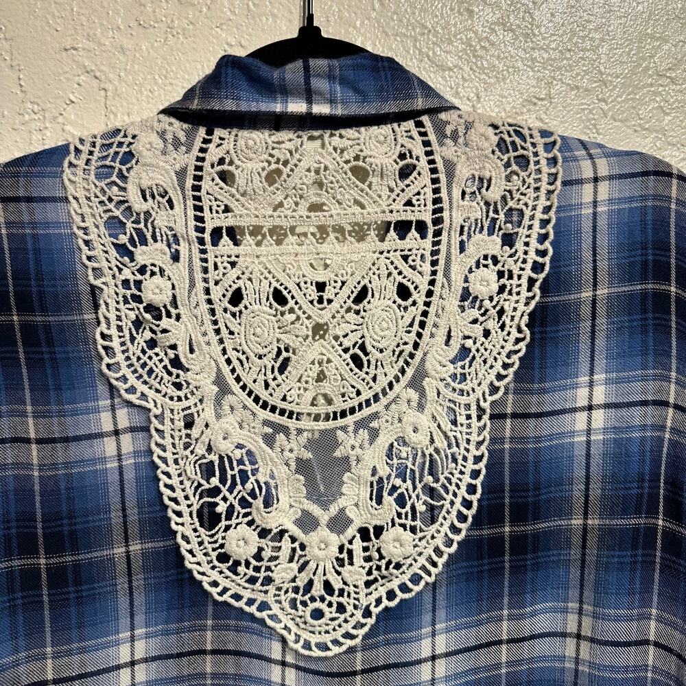 Krazy Kat Size Small plaid Button Down crochet Back Cottage Long & 3/4 sleeve - Picture 8 of 9